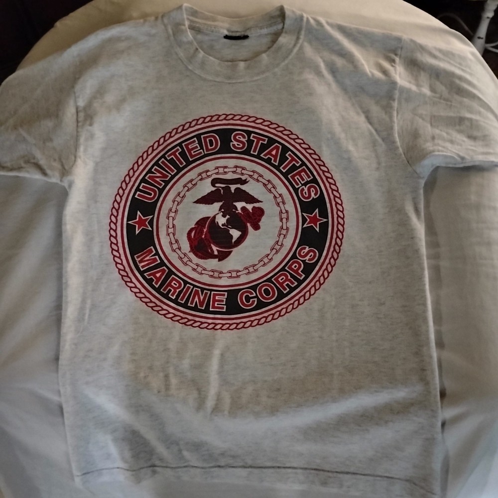 Vtg 1990’s US MARINE CORPS T-shirt Eagle Globe Anchor emblem grey/red USMC Lg