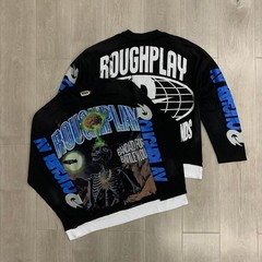 RoughPlay Washed Black Patchwork Long-Sleeved Round-Neck Shirt