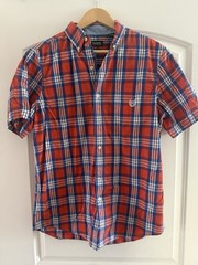 Chaps Men’s Easy Care, Orange And Blue Plaid, Short Sleeve Shirt Button Down