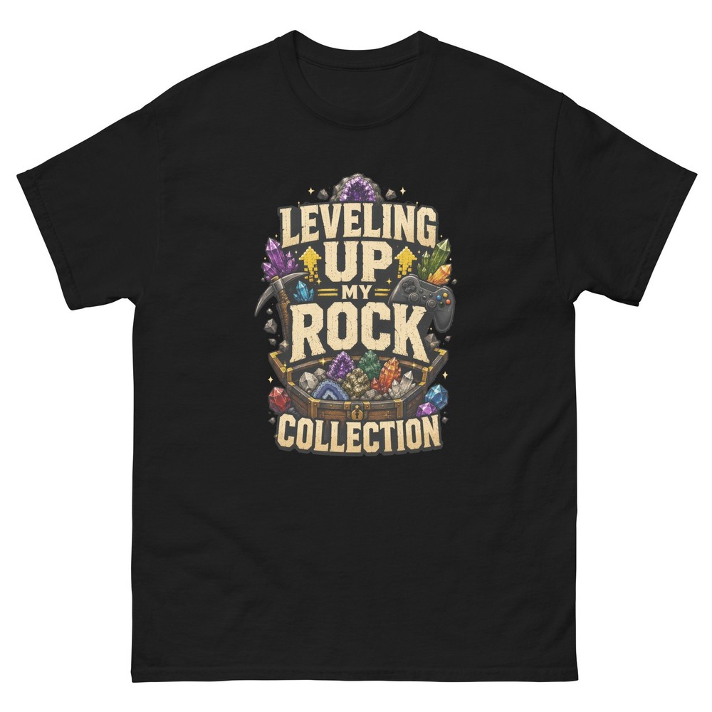Leveling Up My Rock Collection Gamer Geology Black T-Shirt Crystal Tee