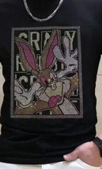 New Men Fashion Diamond Rhinestones Bunny Rabbit Luxury Black Long T-Shirt