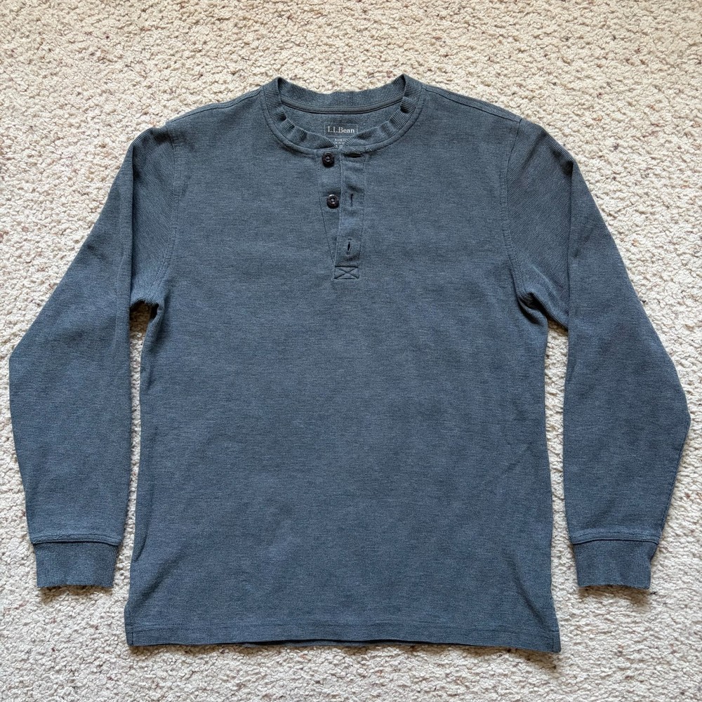 L.L. Bean 3 Button Waffle Knit Long Sleeve Henley Shirt Mens M Grey Slim 502225