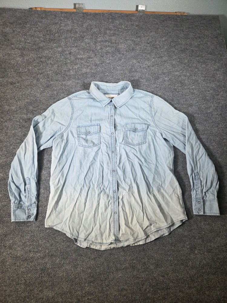 Arizona Jean Co Denim Shirt Mens Sz XL Light Blue 100% Cotton Ombre Pearl Snap