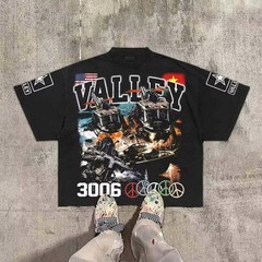 Men’s Hip Hop Style Graphic Print Boxy Fit Round Neck Cotton T-Shirt Streetwear