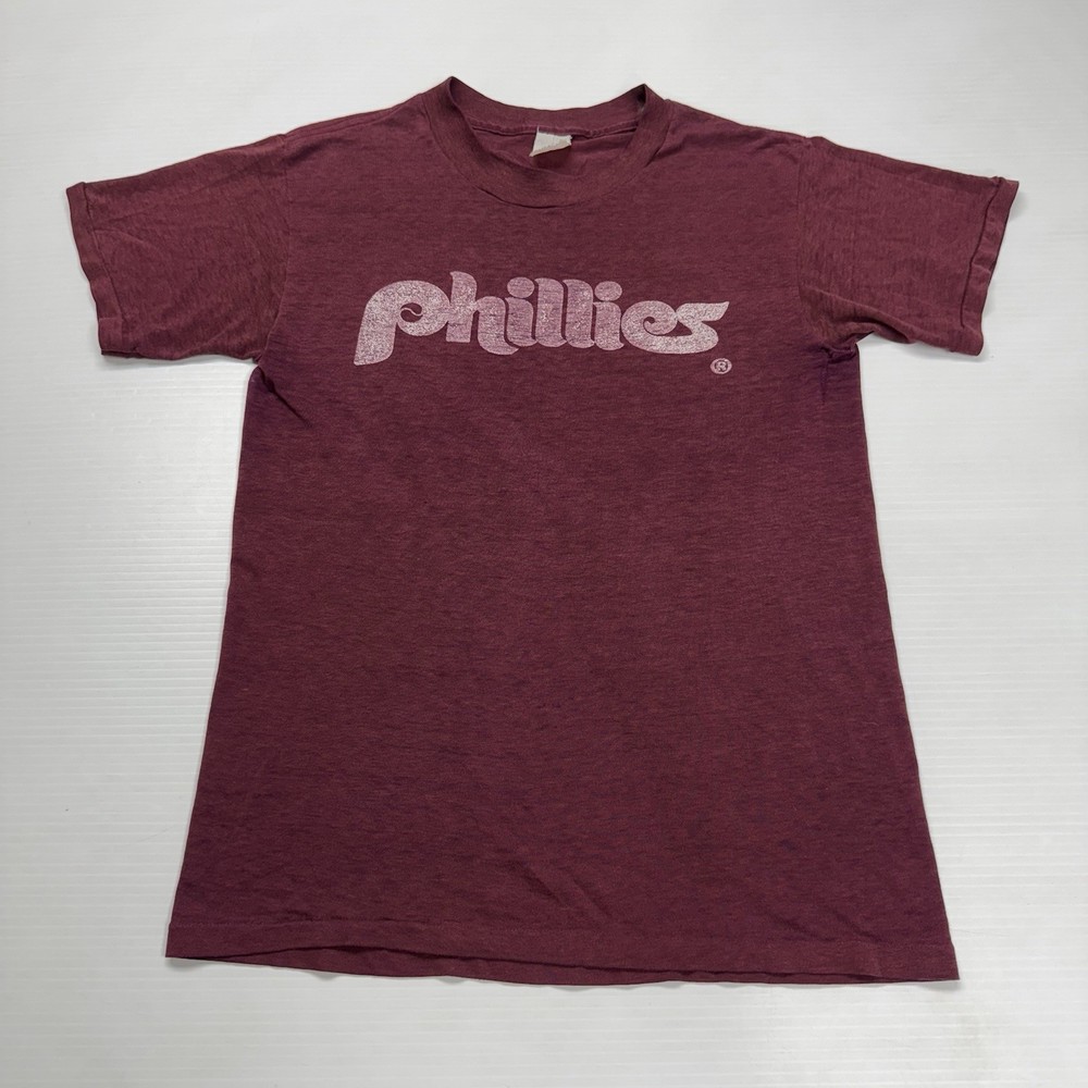 Vtg 80s Sportswear Philadelphia Phillies Spellout Logo Mens T-Shirt M USA Maroon
