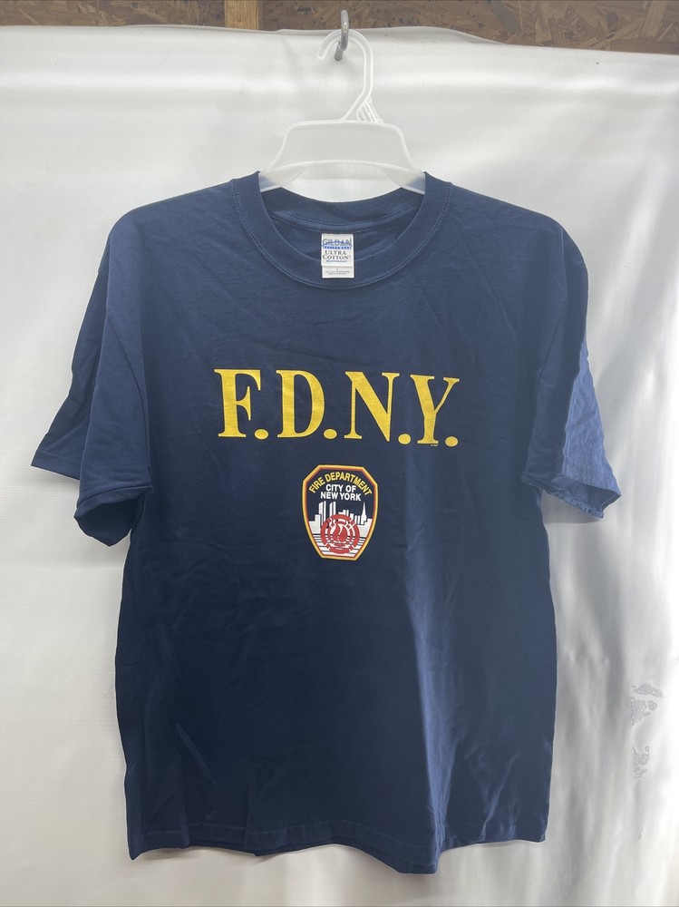 Jerzees TShirt Mens Sz Medium Navy With Yellow FDNY New York Fire Dept LOGO New