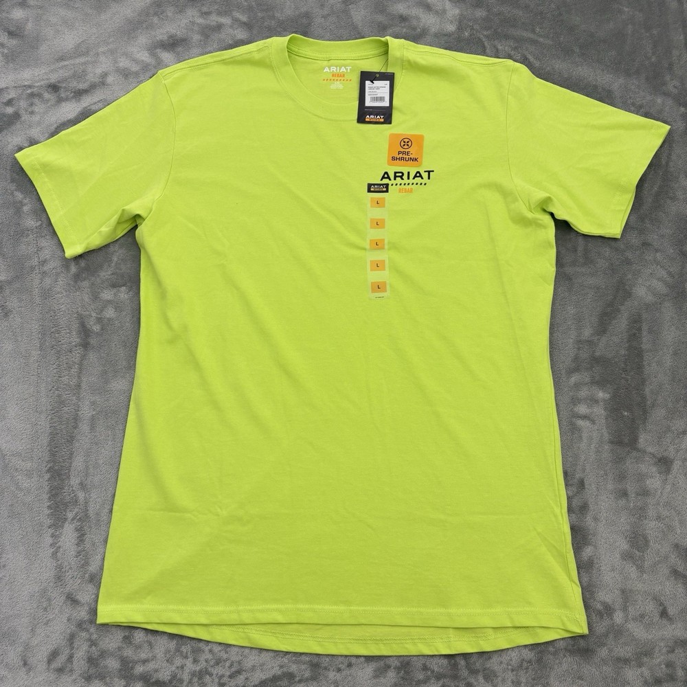 Ariat Rebar Shirt Men L Short Sleeve Shirt T Tee Hi Vis Green Double Sided NWT