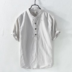 Men’s Linen Short Sleeve T-Shirt Pure Color Breathable Casual Shirt Lightweight