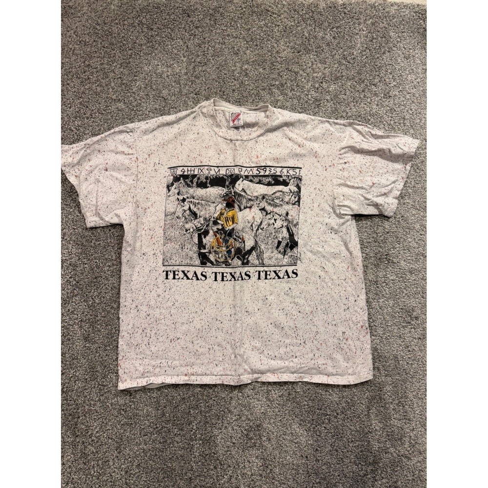 Vintage Jerzees Texas Cowboy Horse Graphic T Shirt Men XL Speckle Print USA Made