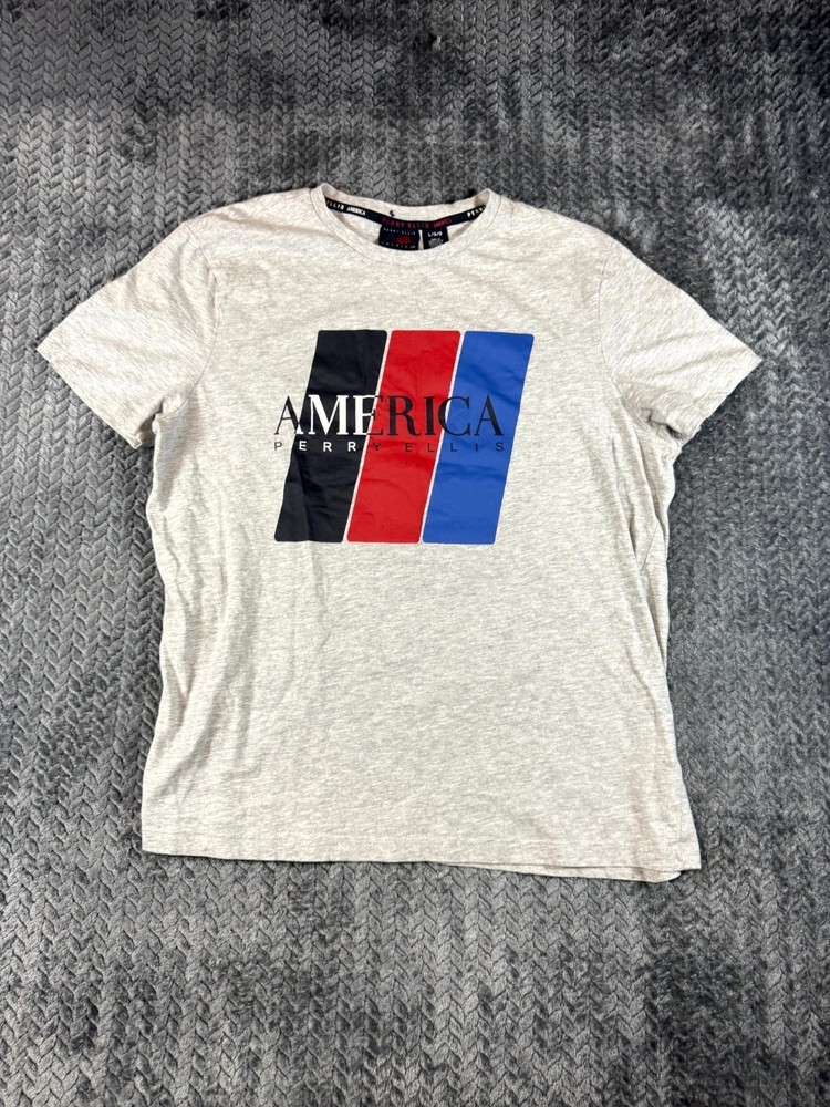 Perry Ellis America T Shirt Men Large Gray Cotton Graphic Short Sleeve Crewneck
