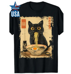 Stylish Vintage Kawaii Cat Ramen Graphic T-Shirt for Men 100 Cotton