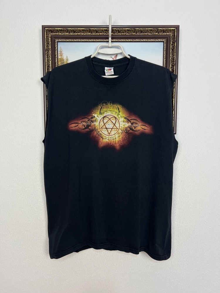 Vintage HIM 2004 Tee Black Heartagram Over Print Vest Sleveless Shirt Size L