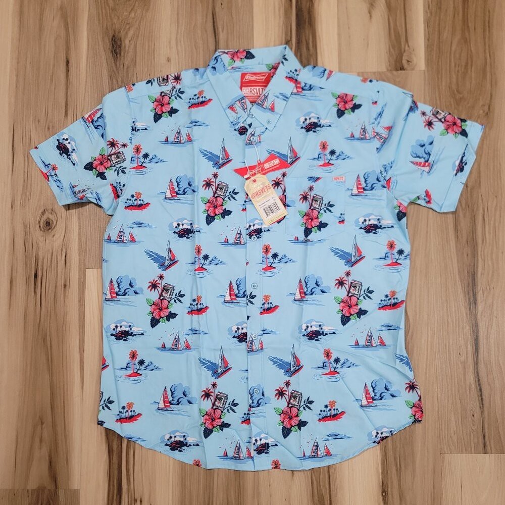 RSVLTS Shirt Mens Size 2XL Regatta Have A Bud Short Sleeve Button Down Blue