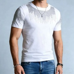 Men Rhinestone T-Shirt Luxury Hot Drill Short Sleeve Cotton Casual Slim Tee Top