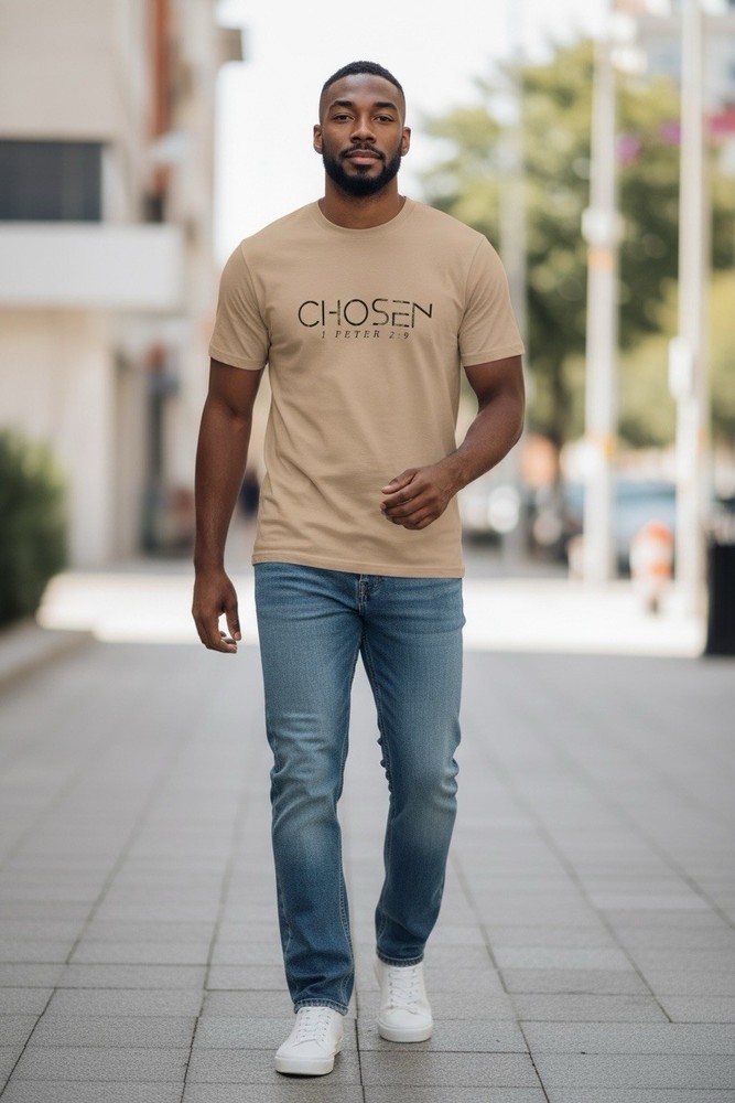 Chosen 1 Peter 2:9 Shirt Mens L Tan Christian Graphic Tee Gildan DryBlend