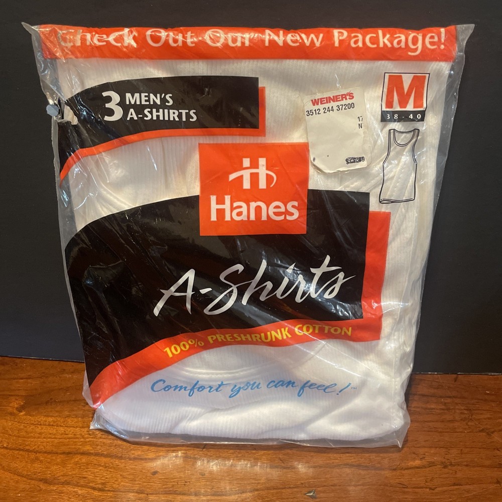 Vintage Hanes A-Shirt 100% Preshrunk Cotton, USA Made, Sealed.
