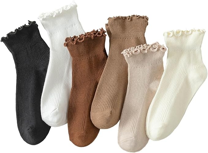 Ruffle Socks Women, Turn-Cuff Casual Cute Ruffle Ankle Socks 6 Pairs Mixed Color