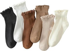 Ruffle Socks Women, Turn-Cuff Casual Cute Ruffle Ankle Socks 6 Pairs Mixed Color