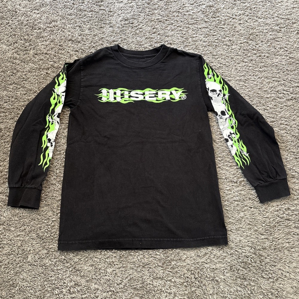 Misery World Wide Tee T Flames Shirt Men’s Size Small S Long Sleeve Black Skulls