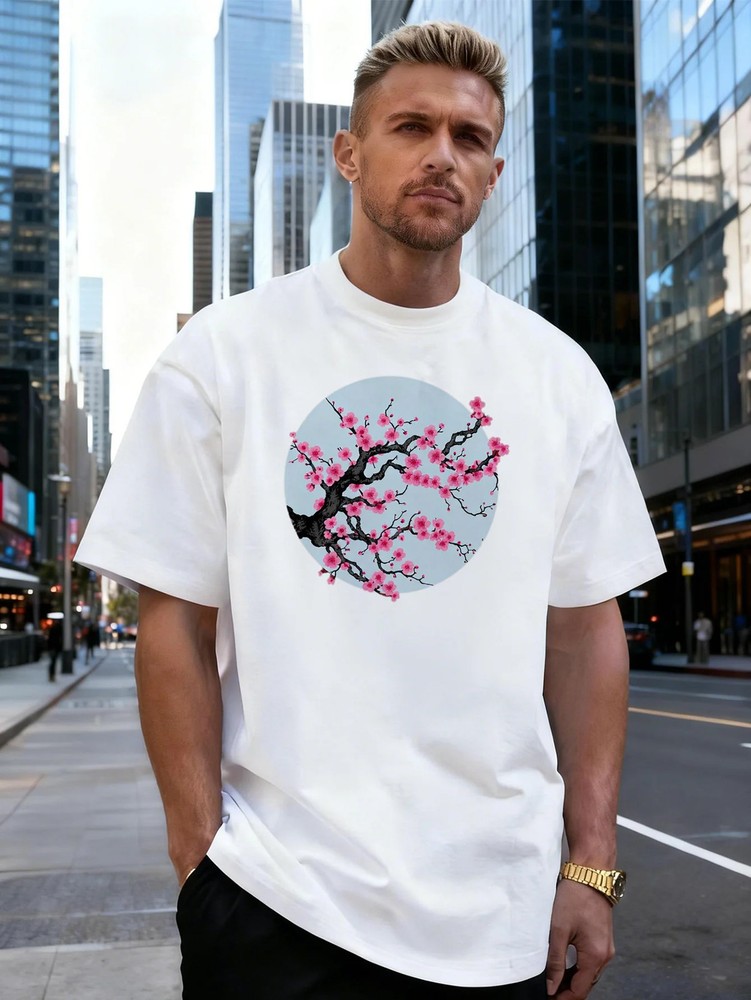 Plum Blossom Branch Graphic 100% Cotton Men’s T-Shirt for Daily Streetwear