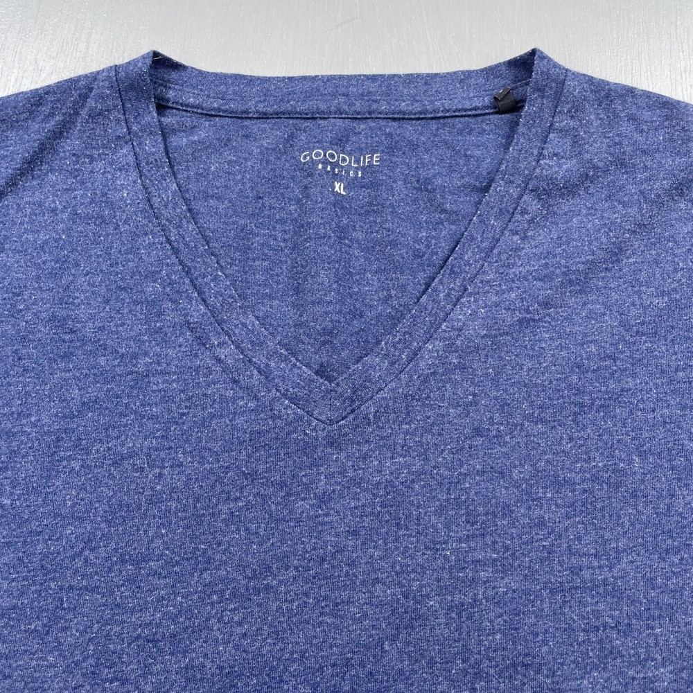 Goodlife Shirt Mens XL V-Neck Navy Short Sleeve Cotton Poly Straight Hem Peru