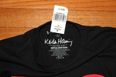 Mens KEITH K. HARING Graphic Tee Black T-Shirt Sz Large SMILEY HEART Pop Art *1M
