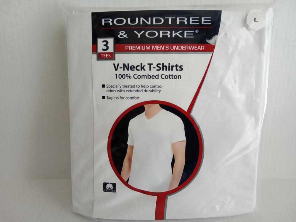 Roundtree & Yorke V Neck T Shirt 3 Pack Size Large Mens 100% Combed Cotton New