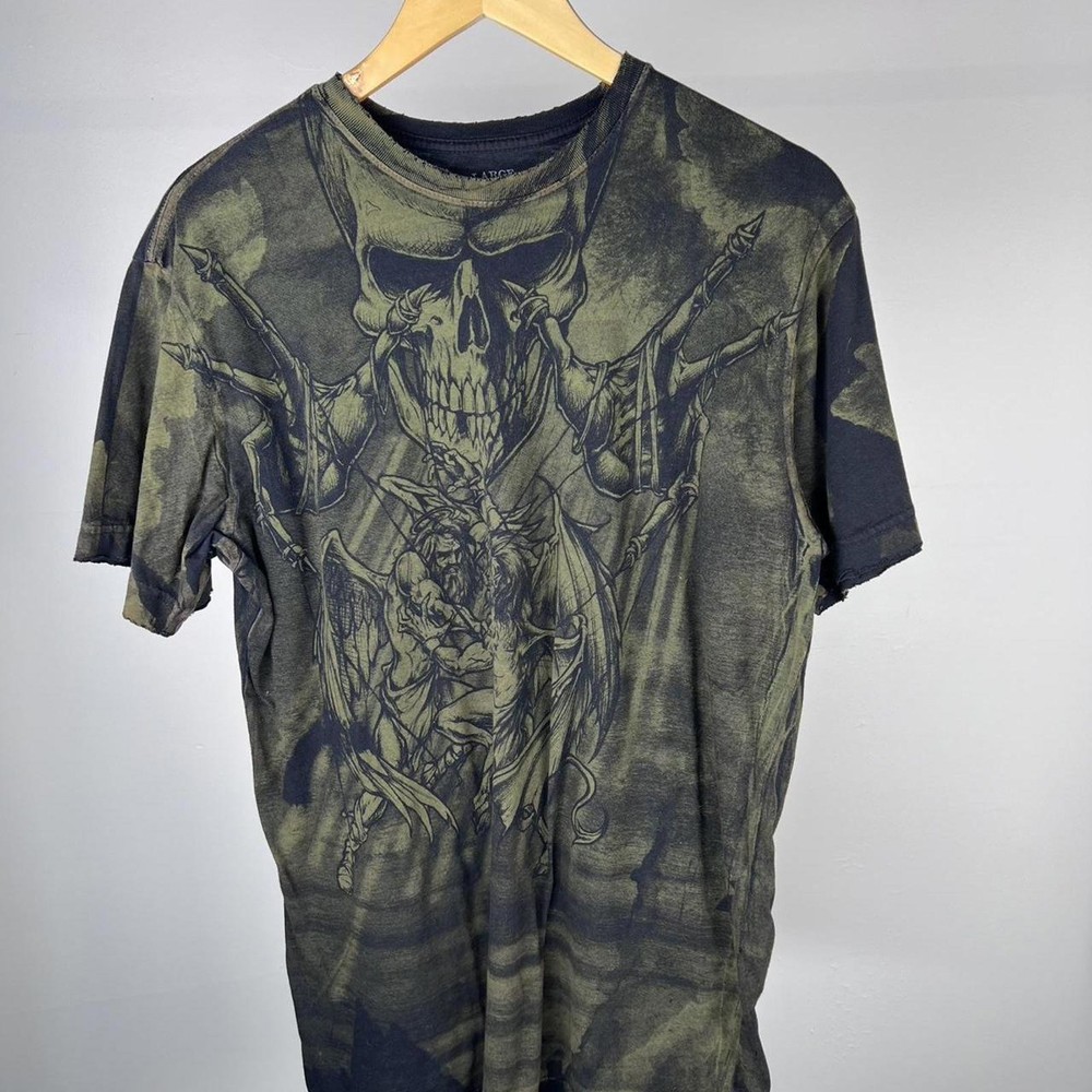 Green and black skull and angel graphic tee affliction puppet master god rare