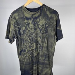 Green and black skull and angel graphic tee affliction puppet master god rare