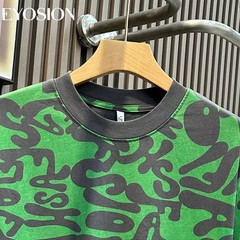 Men’s Green Graphic T-Shirt Vintage Abstract Print Cotton Casual O-Neck Tee