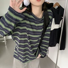 Korean Fashion Women’s Loose Striped Blouse Long Sleeve Crew Neck Streetwear