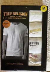 True Religion Men’s Sz M 3 + 1 Pack Crew Neck Tees Premium Cotton White Shirts
