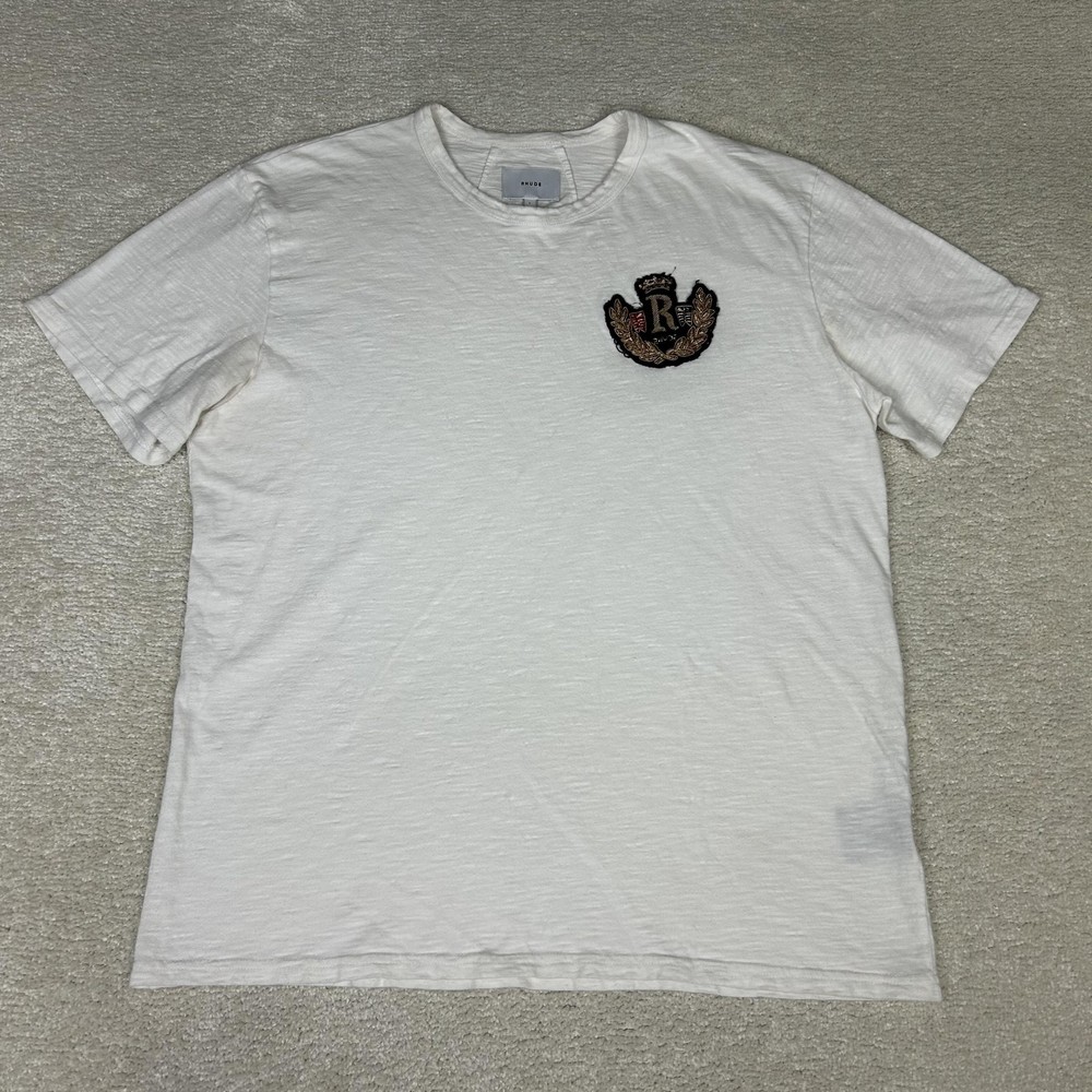RHUDE Shirt Mens Large White Crest Patch Embroidered Slub Cotton Tee Streetwear