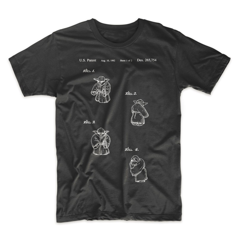 Yoda Patent T-Shirt.100% Cotton Star Wars Tee Comfy on Black White or Gray. NEW