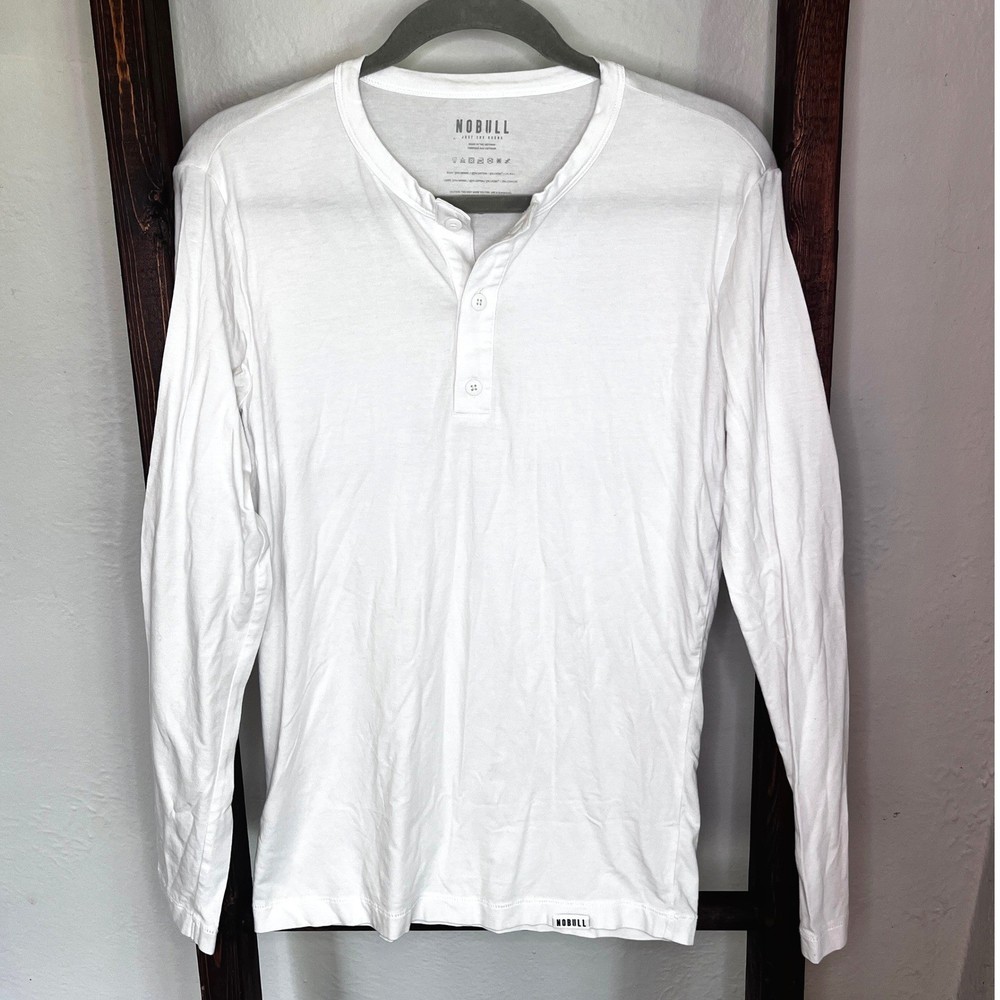 NOBULL Mens White Long Sleeve Henley Shirt Modal Cotton Stretch Training Top