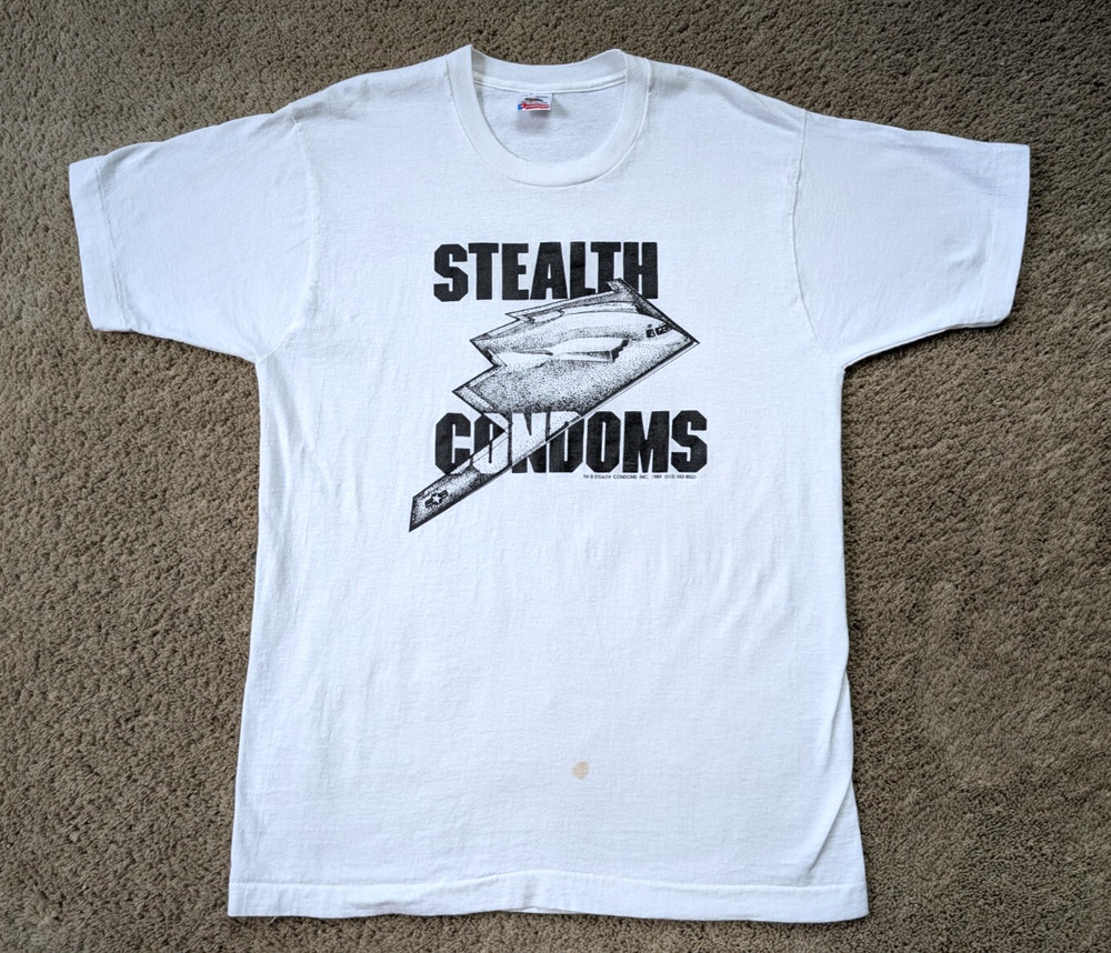 Vintage Stealth Condoms Shirt Mens Size Large 1989 White Bomber Plane *READ