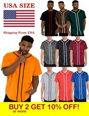 Mens Baseball JERSEY Raglan Plain T Shirt Team Sport Button Fashion Tee Casual