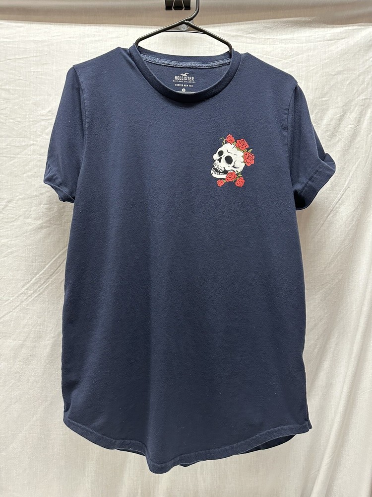 Hollister Must Have Collection Curved Hem Tee Skull Roses Navy T-Shirt Men’s M