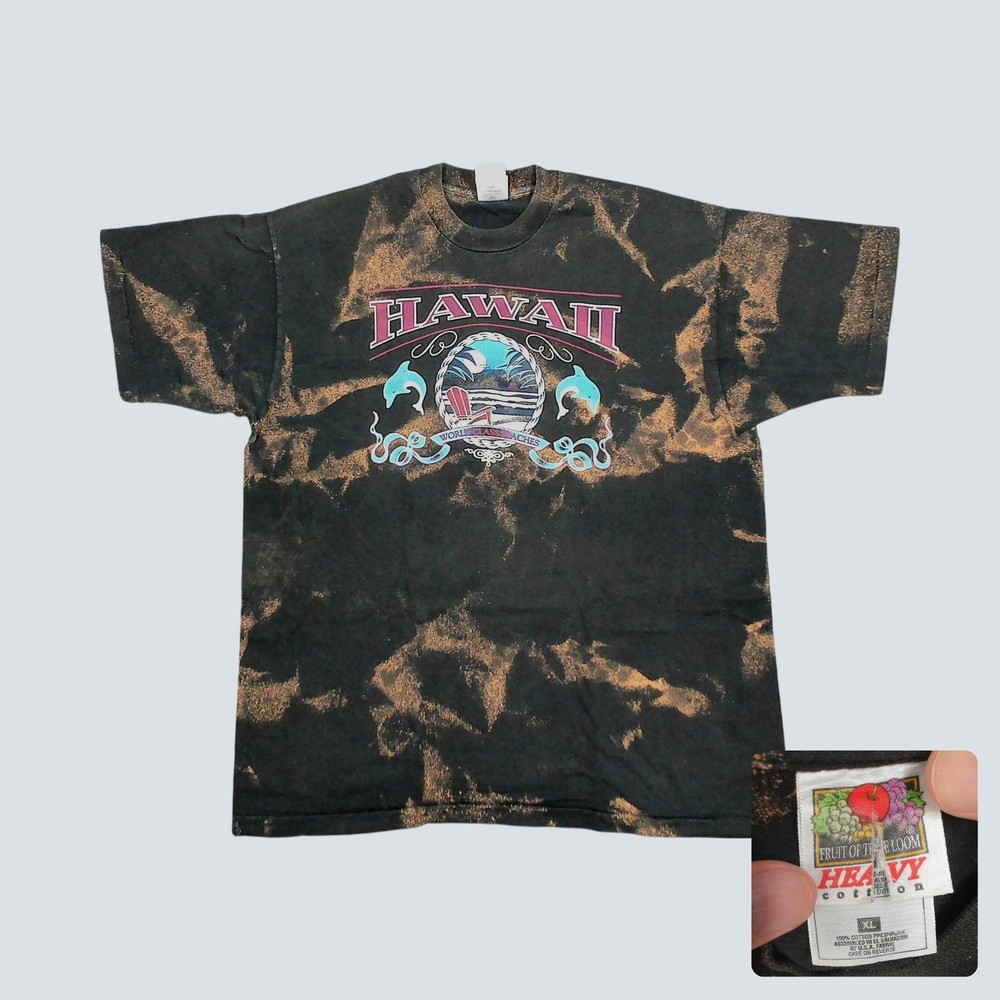 90s Fruit Of The Loom Hawaii Dolphin Bleach Wash T Shirt Single Stitch Mens XL