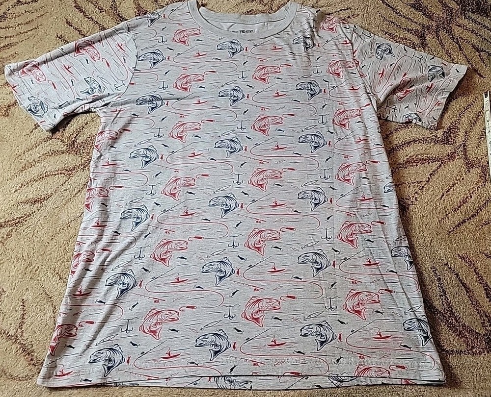 METROZONE MEN’S SS T-SHIRT SZ Extra Large RED Gray BLUE Fishing Bass