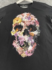Off Prize Shirt Mens Large Skull Print Floral Tee Black Slim Fit Cotton N101
