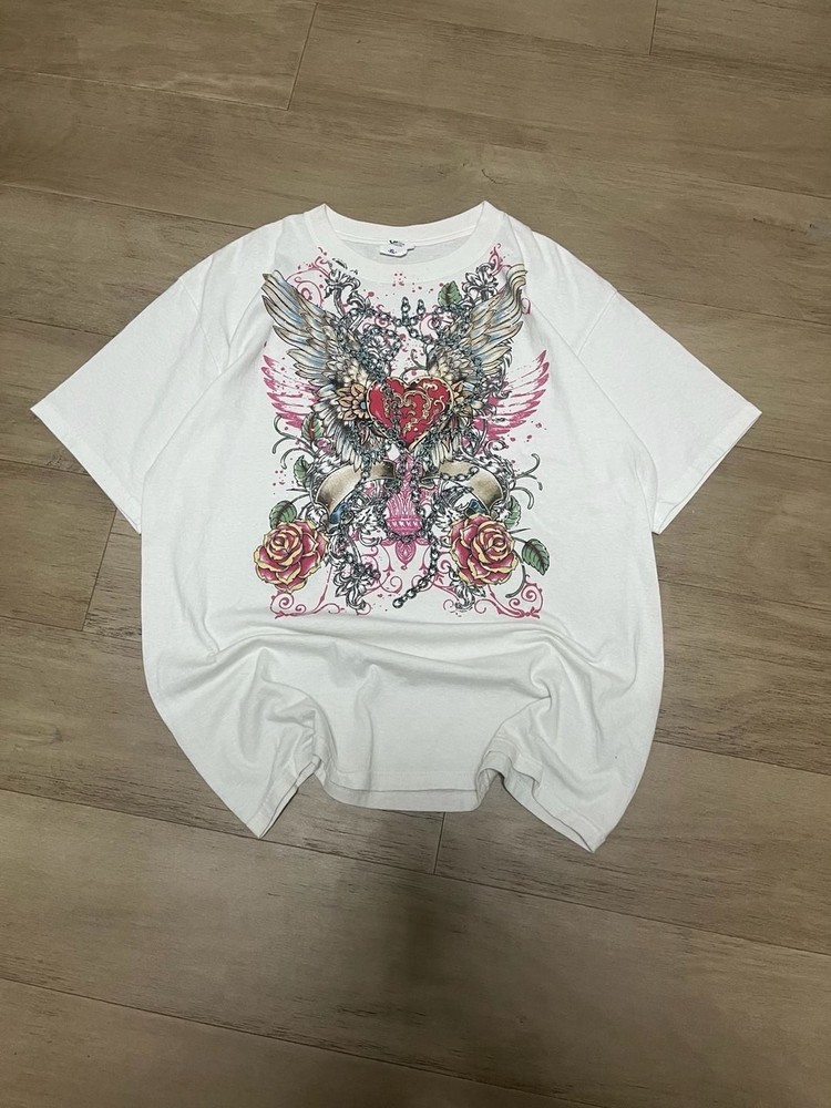 Y2K The Wild Side Winged Heart Rose Tattoo Graphic T-Shirt White XL