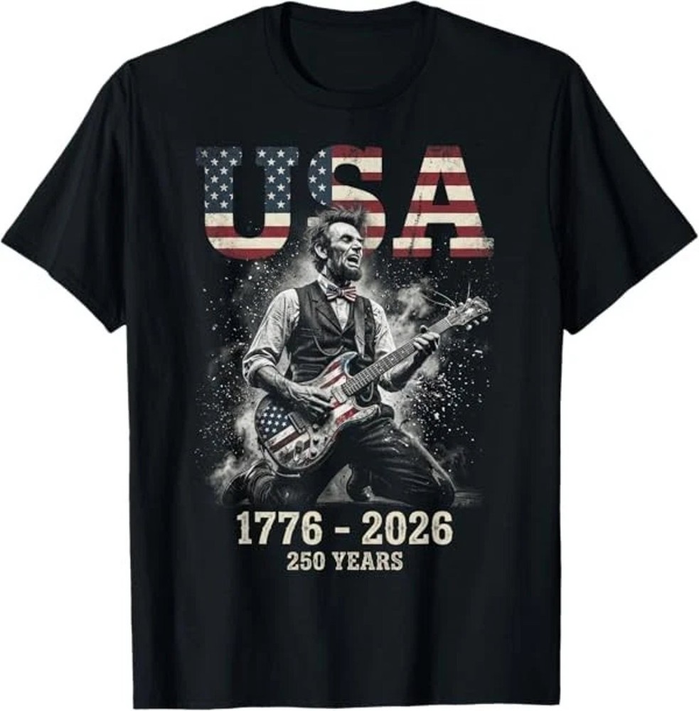 Abraham Lincoln USA 250 Years 1776-2026 Rock Guitar Graphic Tee Mens Vintage