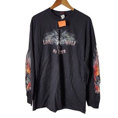 Lone Wolf No Club Biker Motorcycle Double-Sided/Flame Sleeves Graphic Tee Sz L