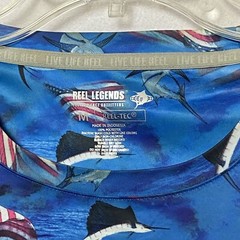 Reel Legends T-shirt Tee Mens Blue Sz M Reel Tec Flag Fish All Over Patriotic