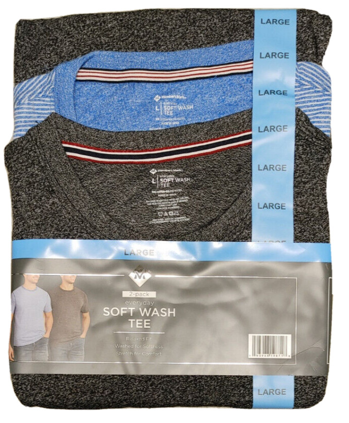 NWT Member’s Mark Mens Soft Wash Tee 2 Pack Charcoal/Navy Stripe Large