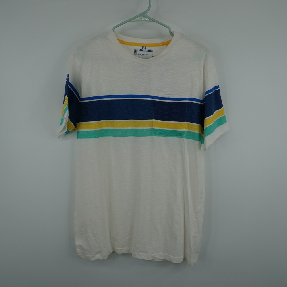 Denim & Flower Pocket T-Shirt Mens Medium White Striped Short Sleeve NWT