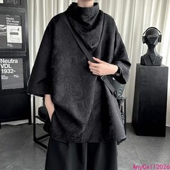 Black High Neck Silk Shirt Summer Thin Men’s High Neck 7-inch Sleeve Loose Tops