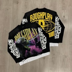 RoughPlay Washed Black Patchwork Long-Sleeved Round-Neck Shirt