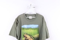 Vintage 80s Cabelas Mens Large Faded Spell Out Bass Fishing T-Shirt Olive Green